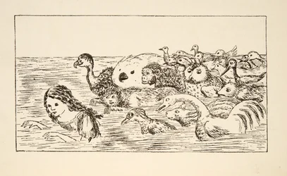 Alicia nadando en el charco de lágrimas, ilustración de Las aventuras de Alicia bajo tierra, publicado en 1886